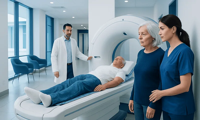 Elderly patient undergoing a PET scan in a modern hospital setting.