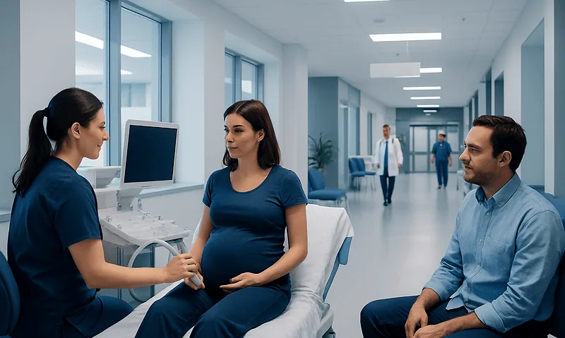 Pregnant woman consulting with healthcare professionals in a hospital corridor.