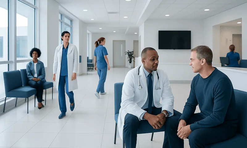 Doctor consulting with patient in hospital waiting area.