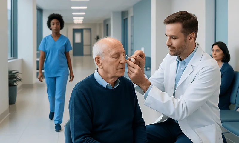 Doctor administering eye injection to elderly patient in hospital corridor.