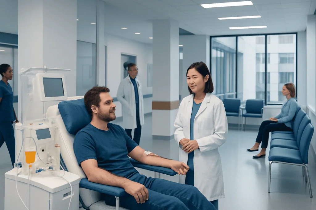 Apheresis Procedure: An Evidence-Based Patient Guide 1 Patient donating blood in a modern hospital blood donation center.