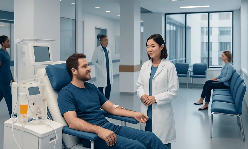 Patient donating blood in a modern hospital blood donation center.