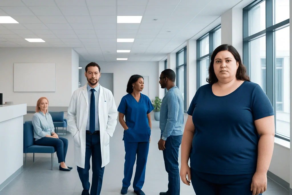 Apron Belly: Causes, Skin Care, and Treatment Options 1 Medical team and patient in hospital corridor at Acibadem Hospitals Group.