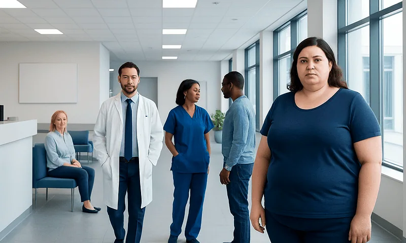 Medical team and patient in hospital corridor at Acibadem Hospitals Group.