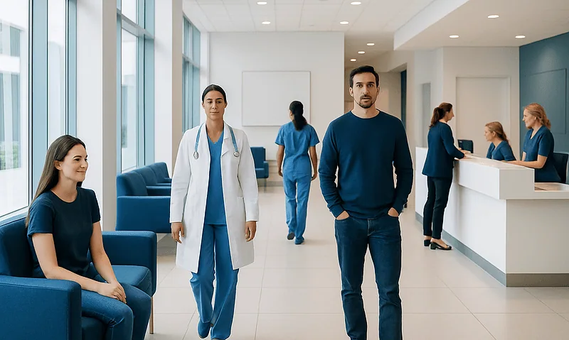 Hospital waiting area with medical staff and patients at Acibadem Hospitals Group.