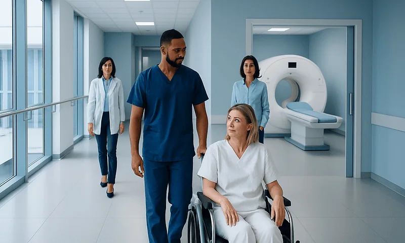 Medical team with patient in hospital corridor near MRI machine.