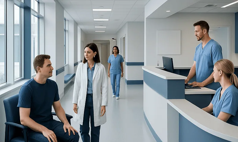Medical staff consulting patient in hospital corridor at Acibadem Hospitals Group.