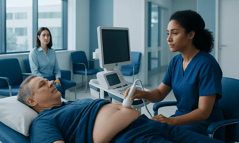 Doctor performing abdominal ultrasound on a patient in hospital.