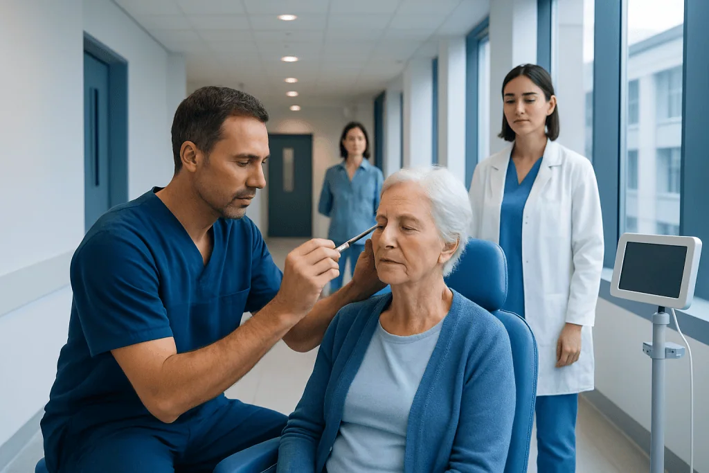 Avastin Eye Injection: How It Works, Results and What to Expect 1 Doctor administering eye injection to elderly woman in hospital corridor.