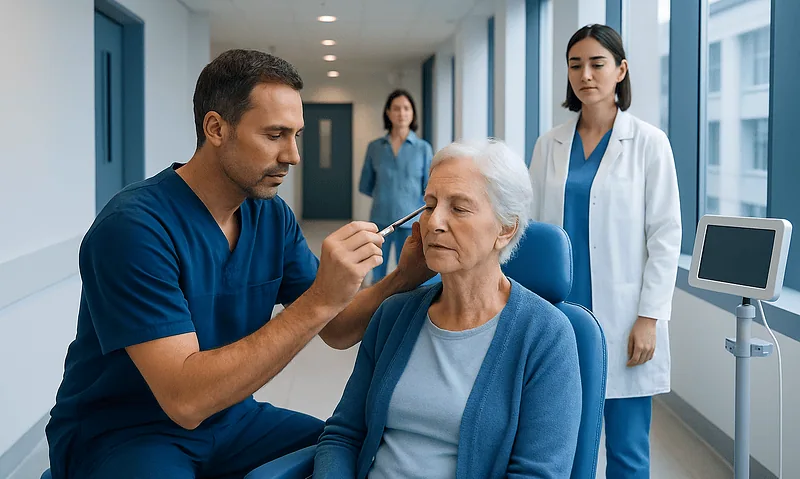 Doctor administering eye injection to elderly woman in hospital corridor.