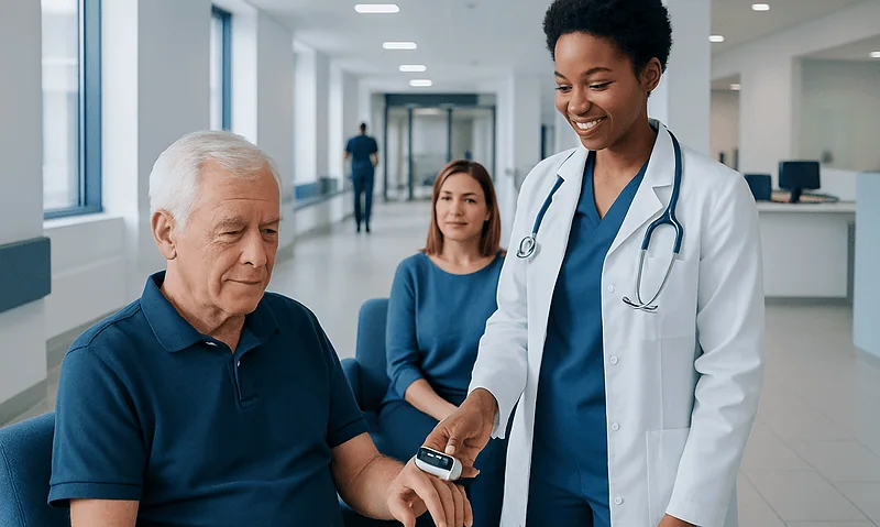 Healthcare professional using pulse oximeter on senior patient in hospital corridor.