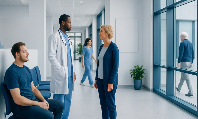 Doctor consulting with a patient in a hospital corridor.