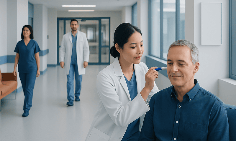 ENT specialist examining a patient's ear in a hospital corridor.