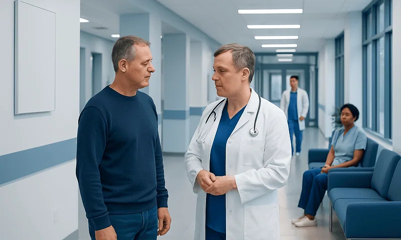 Doctor consulting with patient in hospital corridor with staff in background.