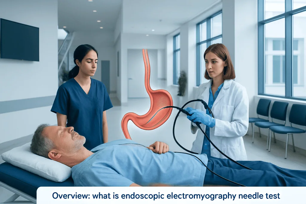 Endoscopic Esophageal Electromyography Needle: Preparation, Procedure and Results 1 Medical professionals perform endoscopic electromyography test on patient in hospital.