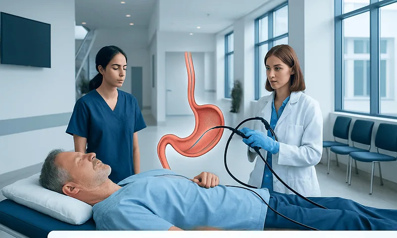 Medical professionals perform endoscopic electromyography test on patient in hospital.