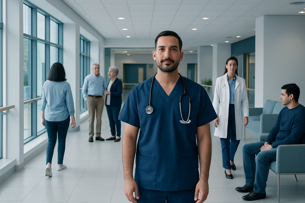 Que Es Endoscopista: Preparation, Procedure and Results 1 Healthcare professional in hospital corridor with patients and staff.