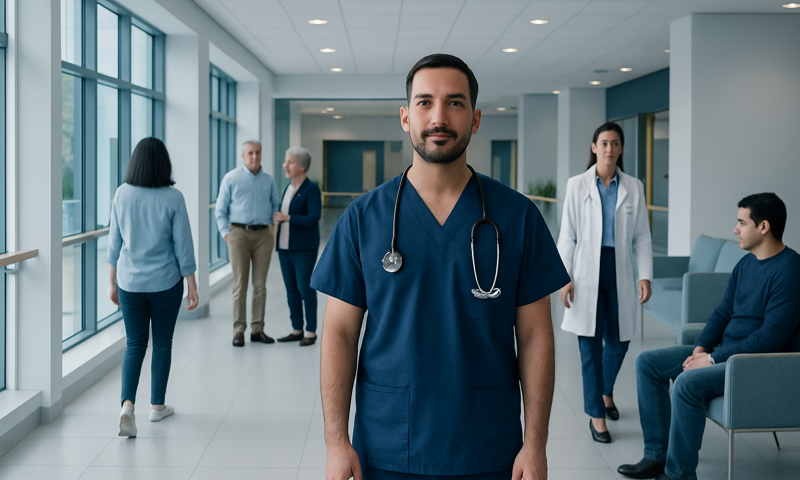 Healthcare professional in hospital corridor with patients and staff.