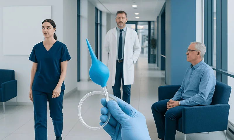 Medical professionals discussing in hospital corridor with enema catheter in foreground.