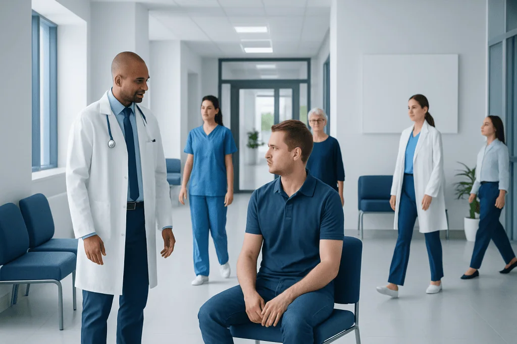 Eoe Biopsy: Procedure, Recovery and Results 1 Doctor consulting patient in hospital corridor with medical staff in background.
