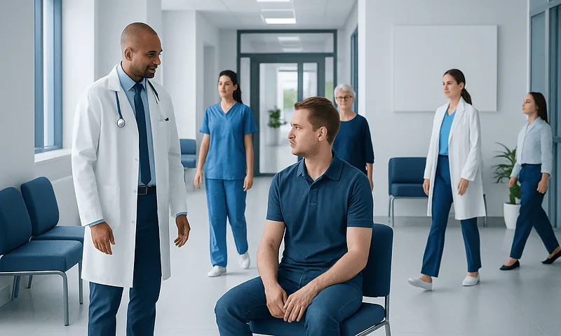 Doctor consulting patient in hospital corridor with medical staff in background.
