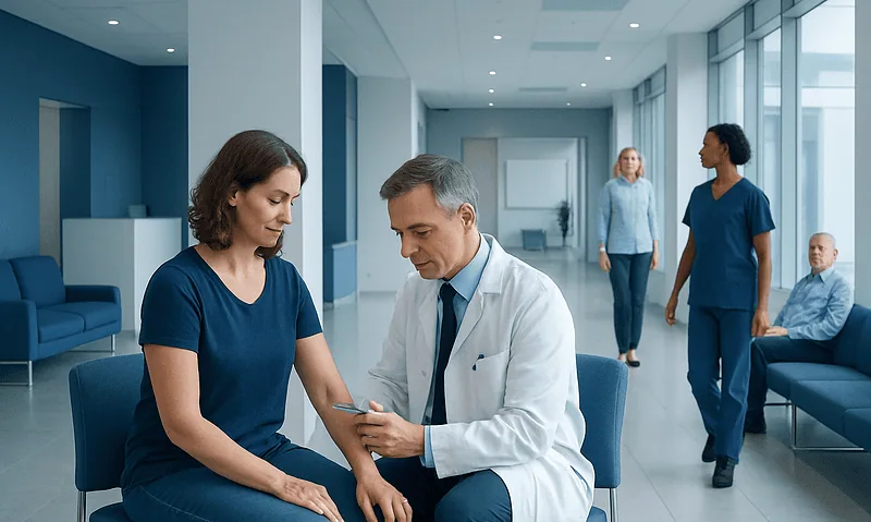 Doctor consulting with a patient in a modern hospital waiting area.