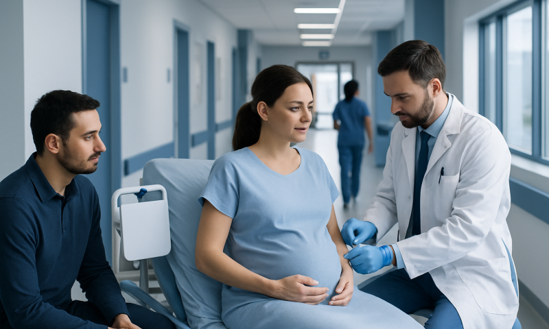 Doctor explaining epidural procedure to pregnant woman in hospital.