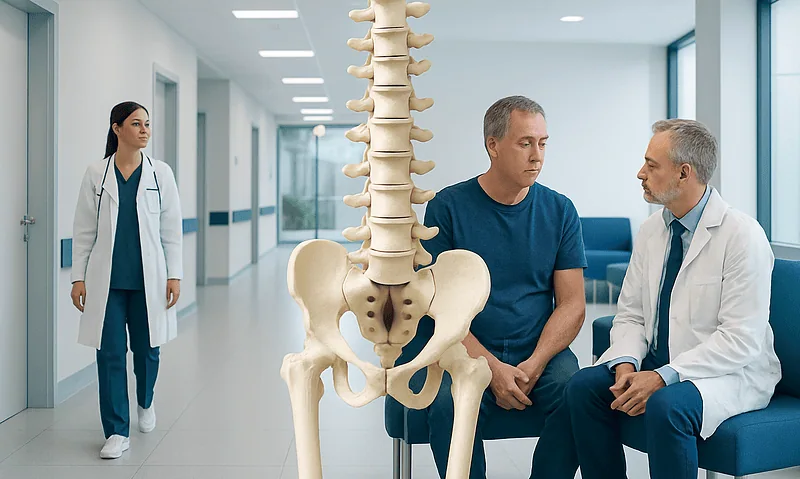 Doctor consulting with patient about spine health in hospital corridor.