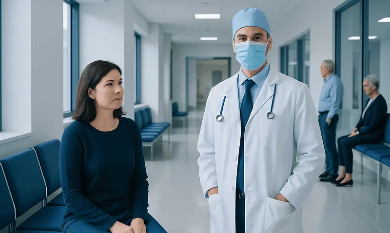 Epiretinal Membrane Operation: Procedure, Recovery and Results 2 Doctor and patient in hospital corridor, healthcare setting, medical consultation.