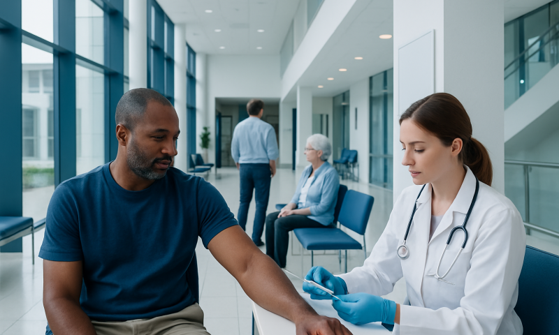 Doctor administering blood test to patient in hospital corridor.