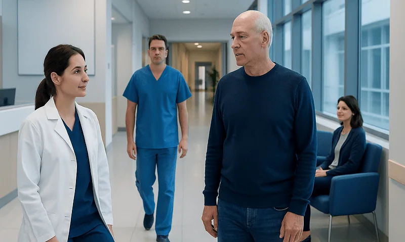 Health Library 8 Patient consulting with doctor in hospital corridor with medical staff nearby.