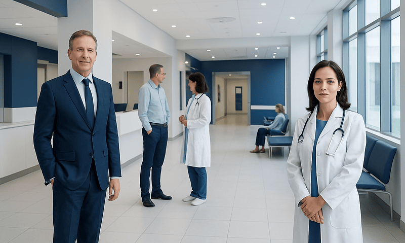 Medical professionals and a patient in a modern hospital corridor.