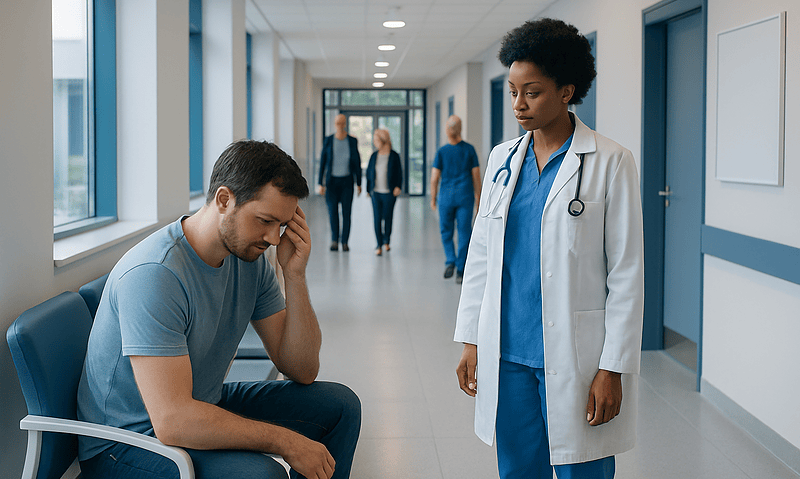 Patient experiencing headache in hospital corridor with healthcare professional nearby.