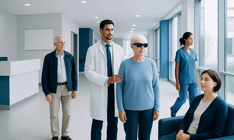Patient wearing virtual reality glasses in a hospital corridor with medical staff and visitors.