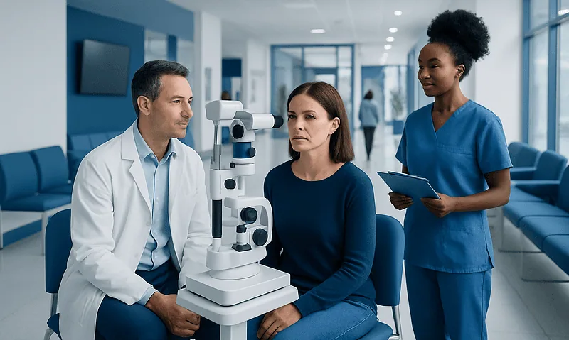 Ophthalmologist explains eye biopsy procedure to patient in clinic.