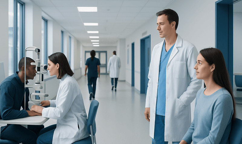Optometrist examining patient's eyes in a modern hospital corridor.