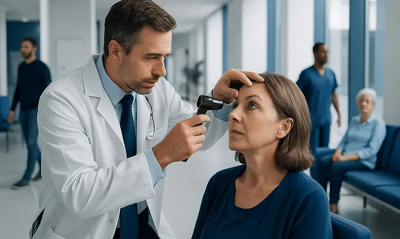 Ophthalmologist examining a woman's eye with a slit lamp in a clinic.