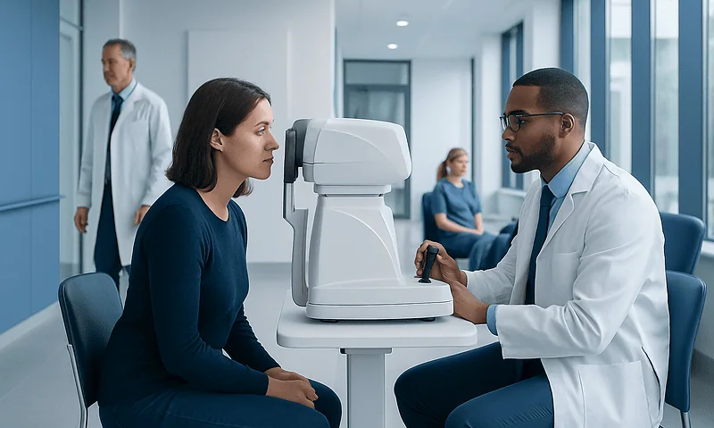 Optometrist performs eye exam using specialized equipment on patient.