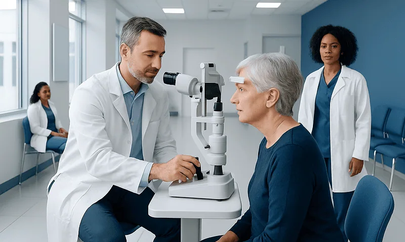 Ophthalmologist performs eye examination on elderly woman in clinic.