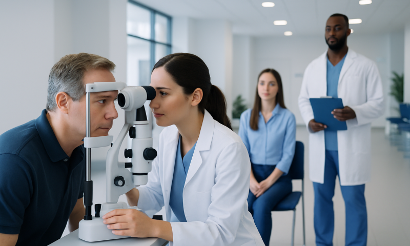 Optometrist performs eye exam using slit lamp at Acibadem Hospital.