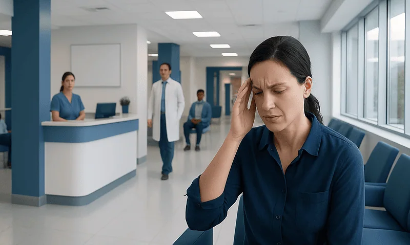 Woman experiencing headache in a hospital waiting area.