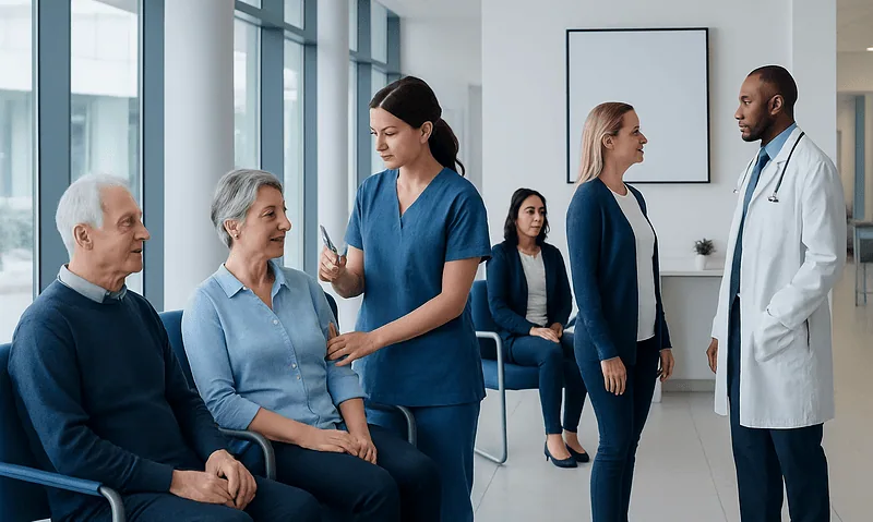 Healthcare professionals consulting elderly patients in a modern hospital.