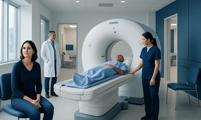 Patient undergoing PET scan at Acibadem Hospital with medical staff present.