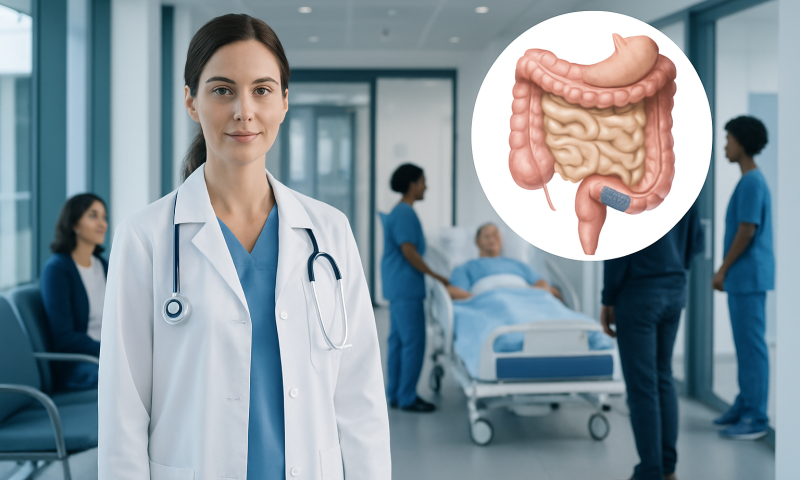 Doctor in hospital with digestive system illustration for ileocecal resection.
