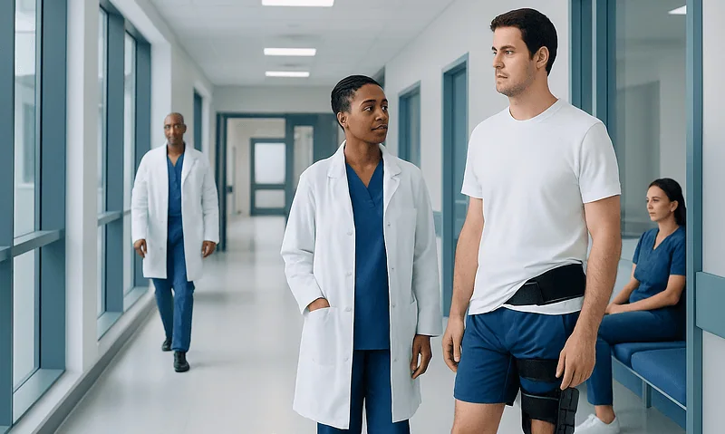Hospital corridor with medical staff and patient with knee brace.