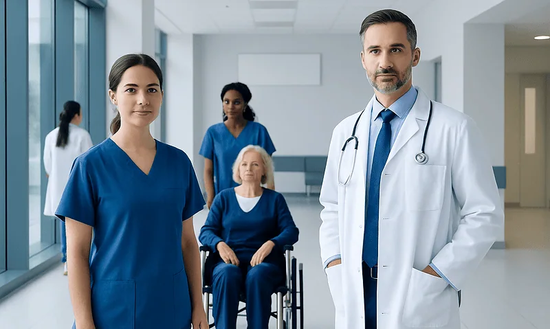 Medical team with patient in hospital corridor at Acibadem Hospitals Group.