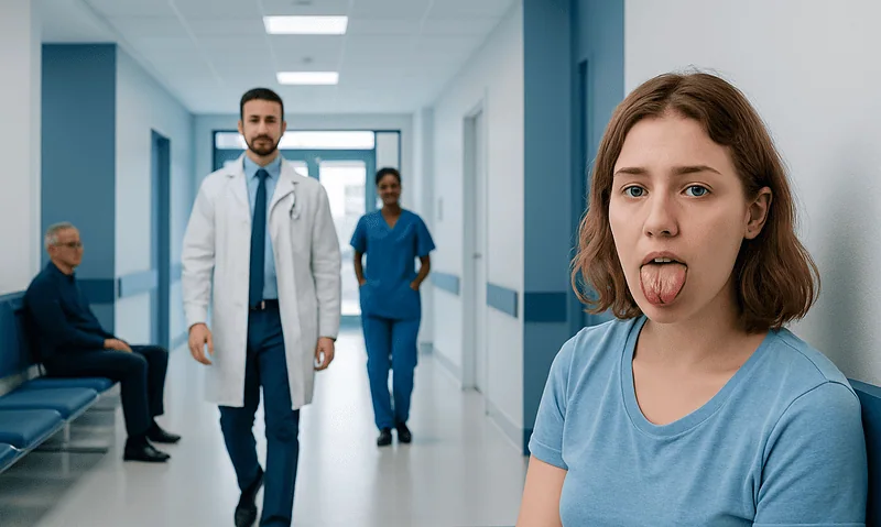 Health Library 17 Young woman with tongue infection in hospital corridor.