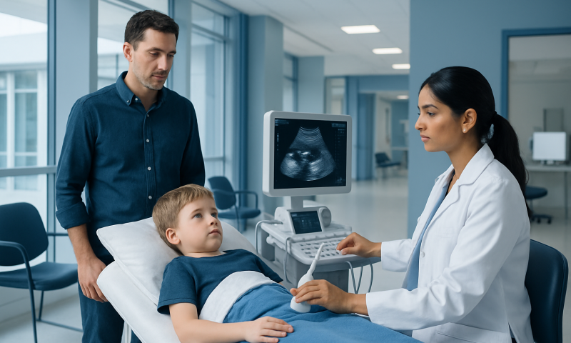 Pediatric ultrasound examination in a hospital setting with a doctor and parent.