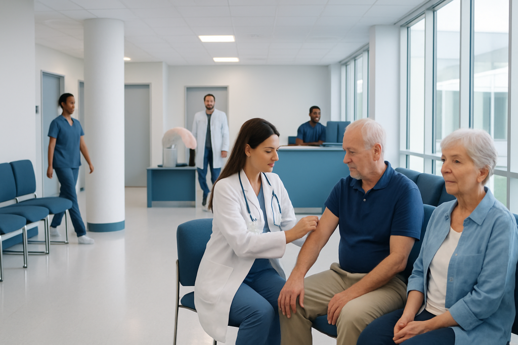 Izervay Injection: How It Works, Results and What to Expect 1 Doctor administering injection to elderly patient in hospital clinic.