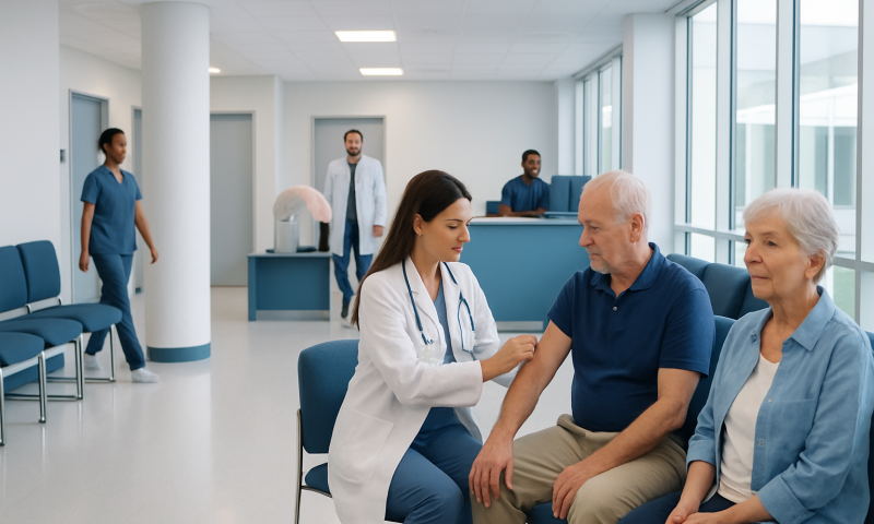 Doctor administering injection to elderly patient in hospital clinic.